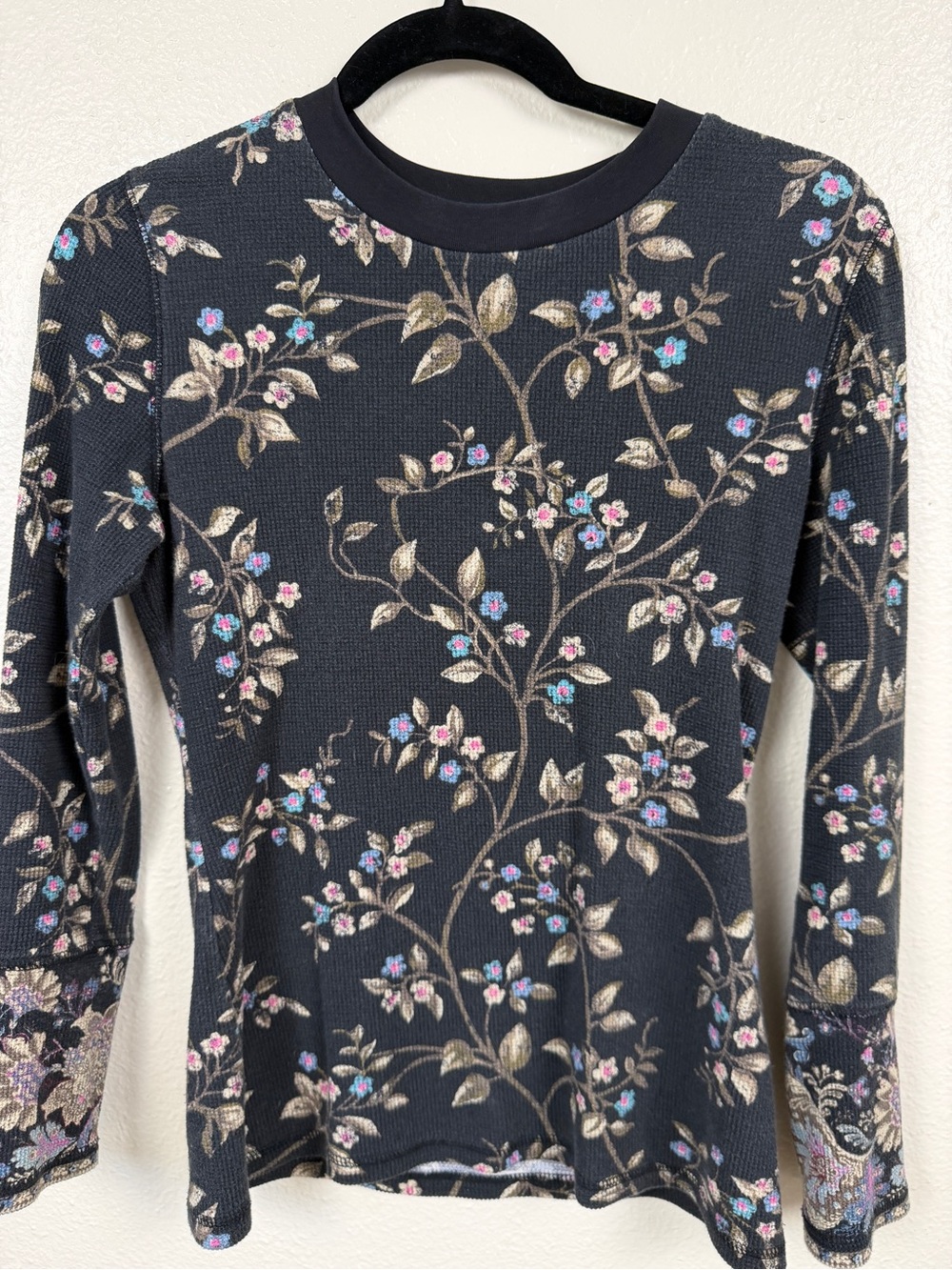Sundance Floral Thermal Top Womens XS Small Black Boho Cottagecore